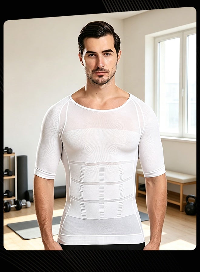 Jolly Chic Men Spring Summer Autumn Classic Breathable Stretch‑Fit Lightweight Compression Shirt Tummy Control Short Sleeve Top Plain Slimming Undershirt for Gym Running Fitness White - Image 1