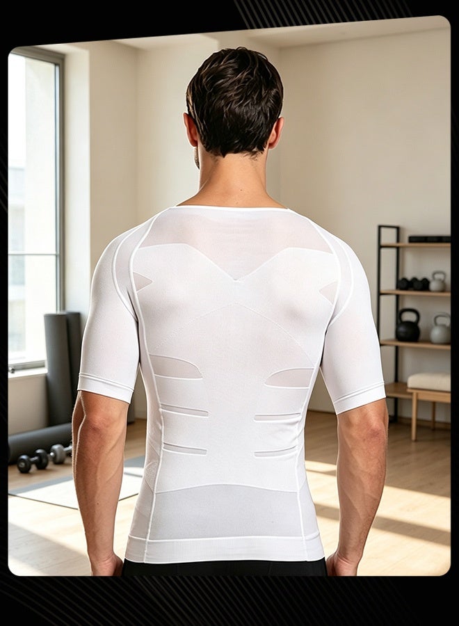 Jolly Chic Men Spring Summer Autumn Classic Breathable Stretch‑Fit Lightweight Compression Shirt Tummy Control Short Sleeve Top Plain Slimming Undershirt for Gym Running Fitness White - Image 5