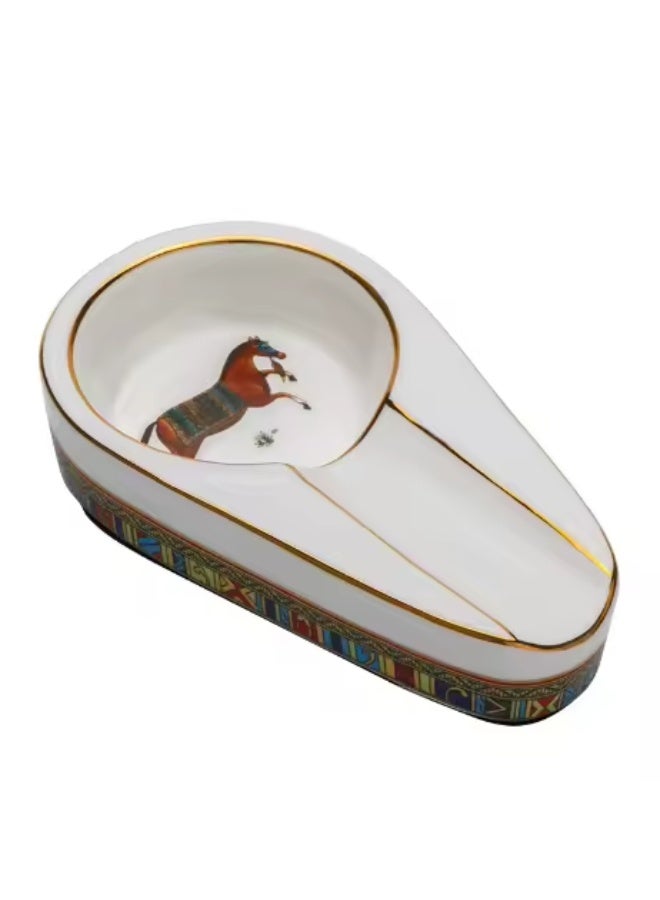 Hemingway Luxury Ceramic Cigar Ashtray with Horse Artwork – Single Cigar Rest Oval Design, White Decorative Small Portable Ash Tray - Image 2