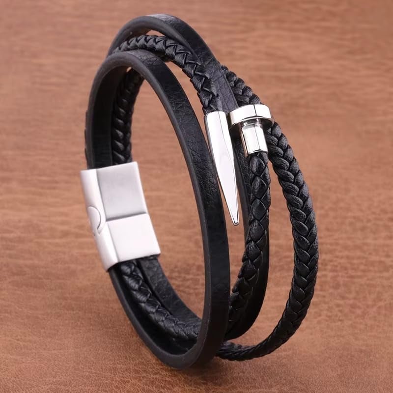 Vientiq Black Braided Leather Bracelet For Men - Image 2