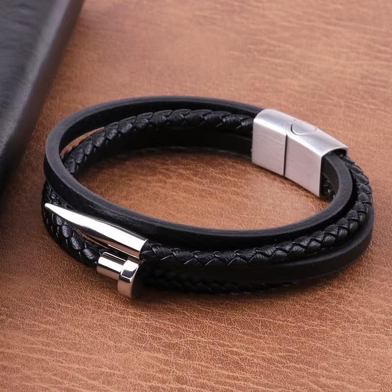 Vientiq Black Braided Leather Bracelet For Men - Image 5