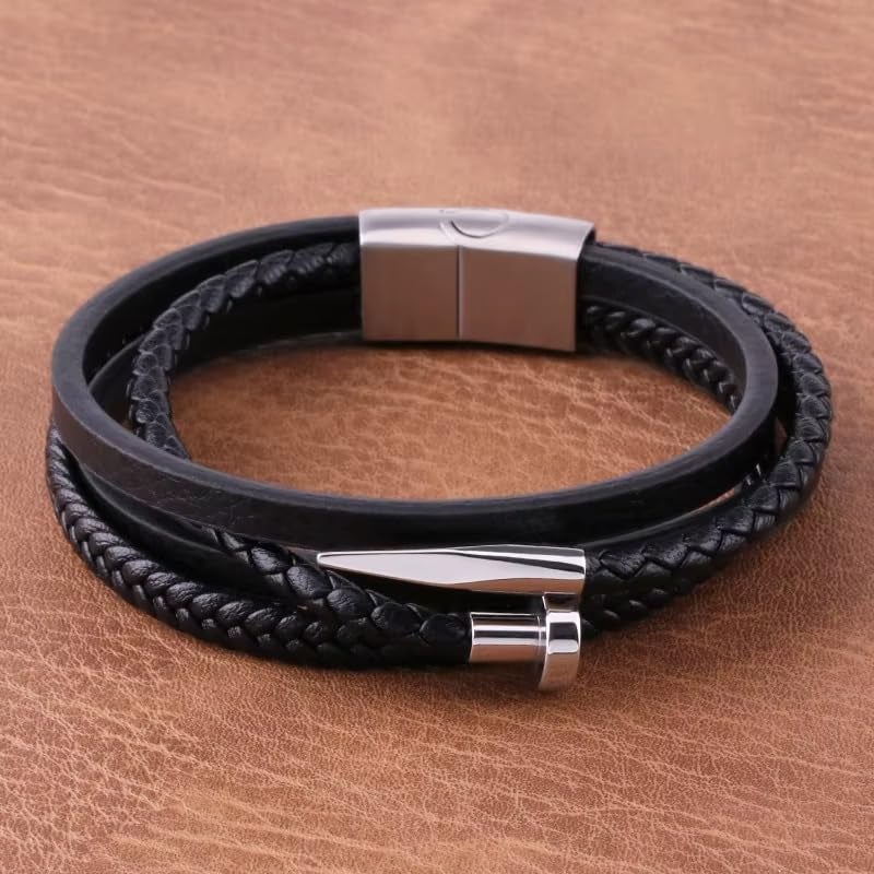 Vientiq Black Braided Leather Bracelet For Men - Image 4