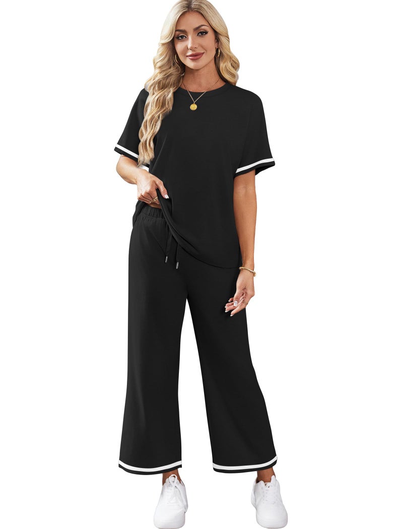 Sampeel 2 Piece Sets for Women Beach Vacation Clothes Summer Date Outfits Lounge Pjs Sets Wide Leg Pants Woman Set Travel Airport Sweat Suit Black S - Image 4