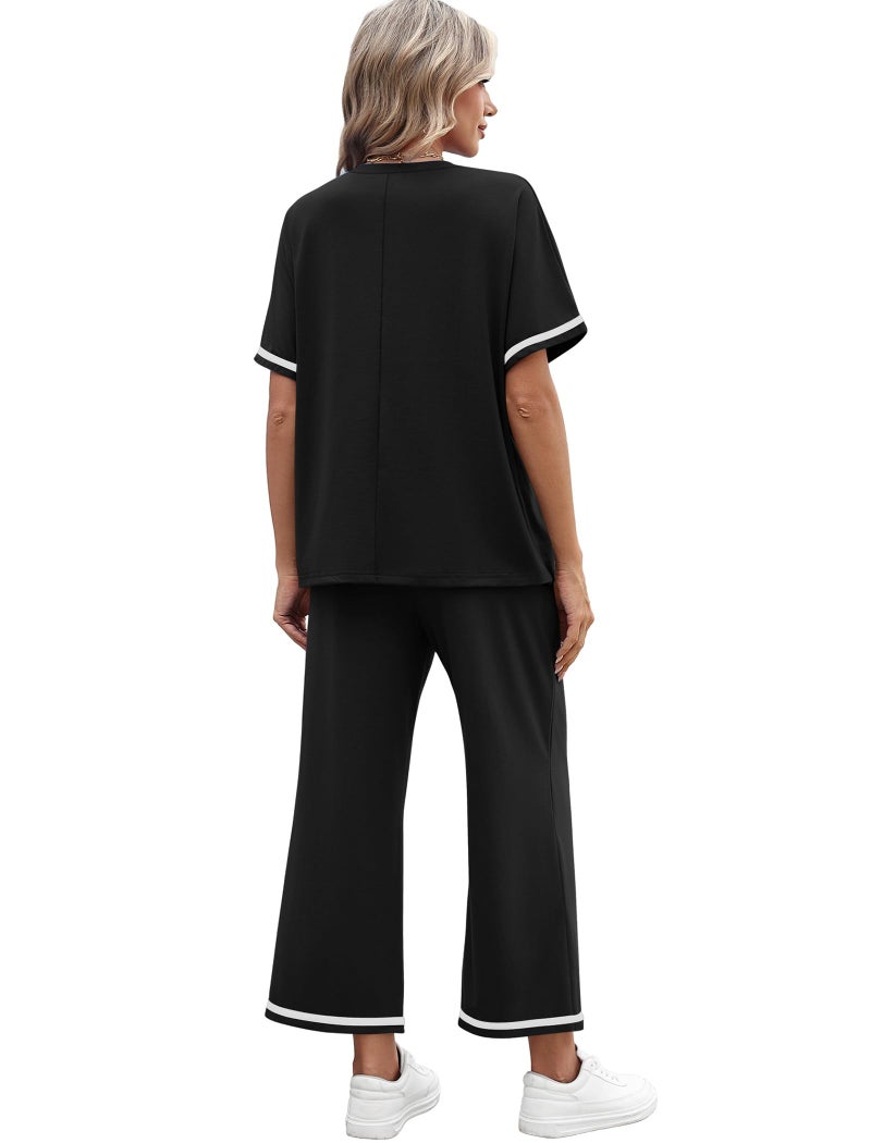 Sampeel 2 Piece Sets for Women Beach Vacation Clothes Summer Date Outfits Lounge Pjs Sets Wide Leg Pants Woman Set Travel Airport Sweat Suit Black S - Image 5