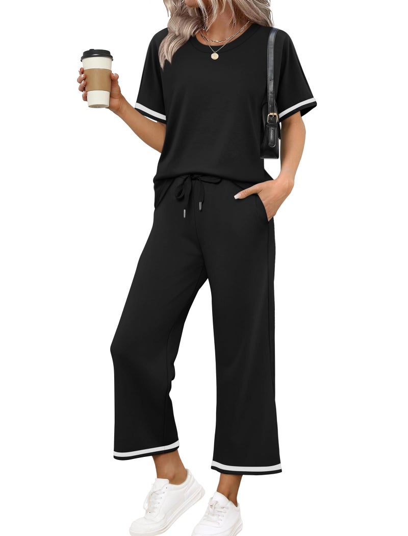 Sampeel 2 Piece Sets for Women Beach Vacation Clothes Summer Date Outfits Lounge Pjs Sets Wide Leg Pants Woman Set Travel Airport Sweat Suit Black S - Image 2