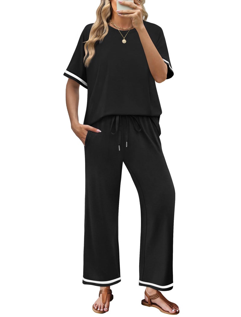 Sampeel 2 Piece Sets for Women Beach Vacation Clothes Summer Date Outfits Lounge Pjs Sets Wide Leg Pants Woman Set Travel Airport Sweat Suit Black S - Image 1