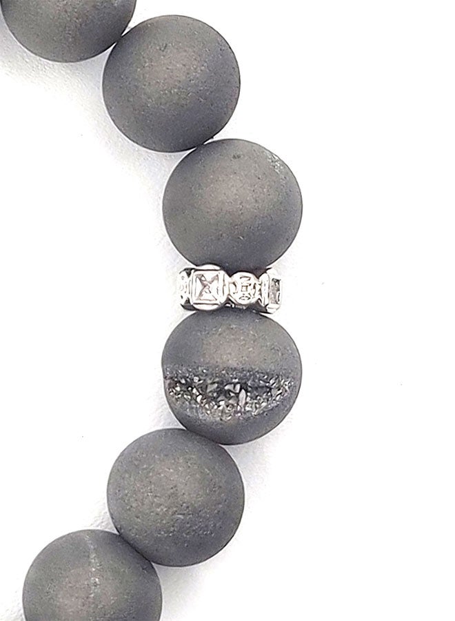 CHRYSOSTOMOS Handmade Beaded Bracelet for Men with Silver Druzy Agate and Silver Stainless Steel - Image 2