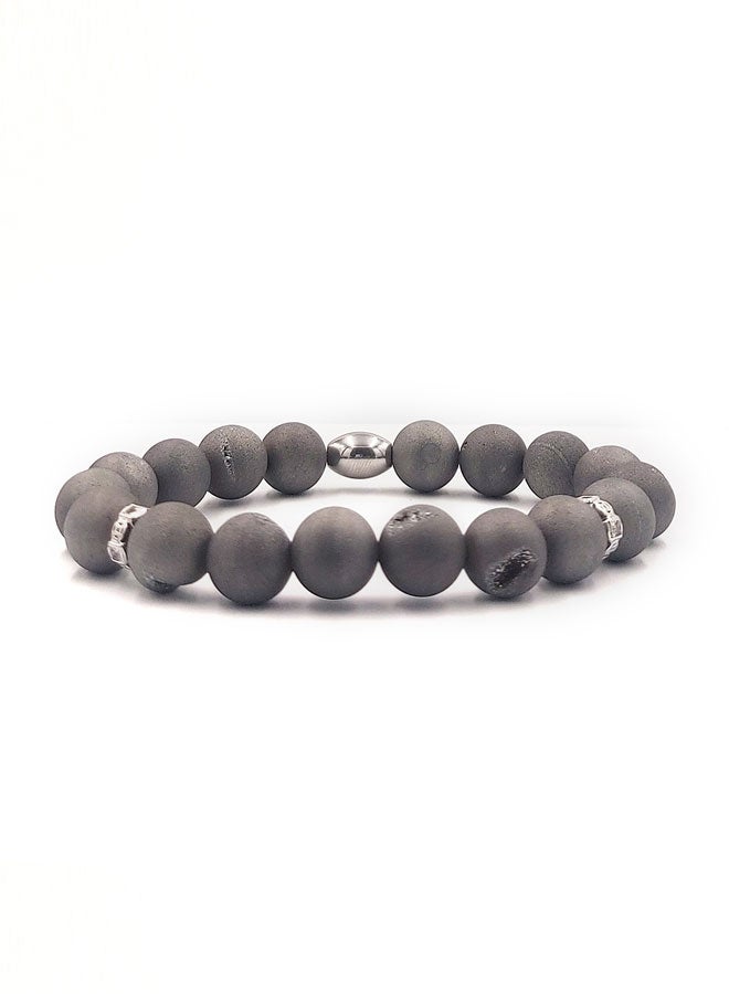 CHRYSOSTOMOS Handmade Beaded Bracelet for Men with Silver Druzy Agate and Silver Stainless Steel - Image 1