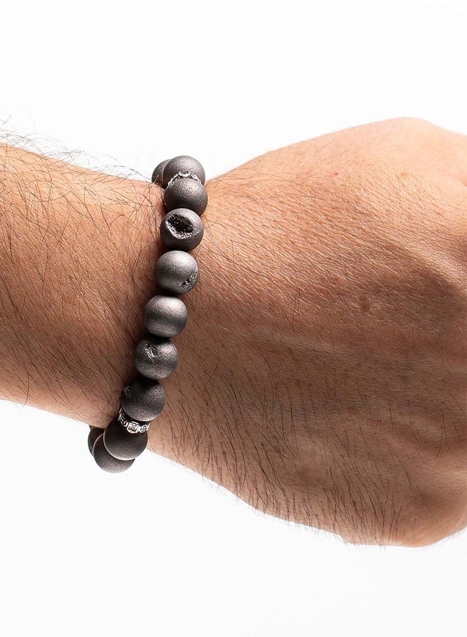 CHRYSOSTOMOS Handmade Beaded Bracelet for Men with Silver Druzy Agate and Silver Stainless Steel - Image 3