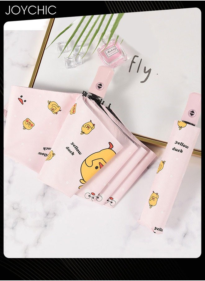 Joychic - Auto 8 Ribs Windproof 3 Folding Travel Umbrella UV Protection Print Sun Umbrella Pink - Image 1