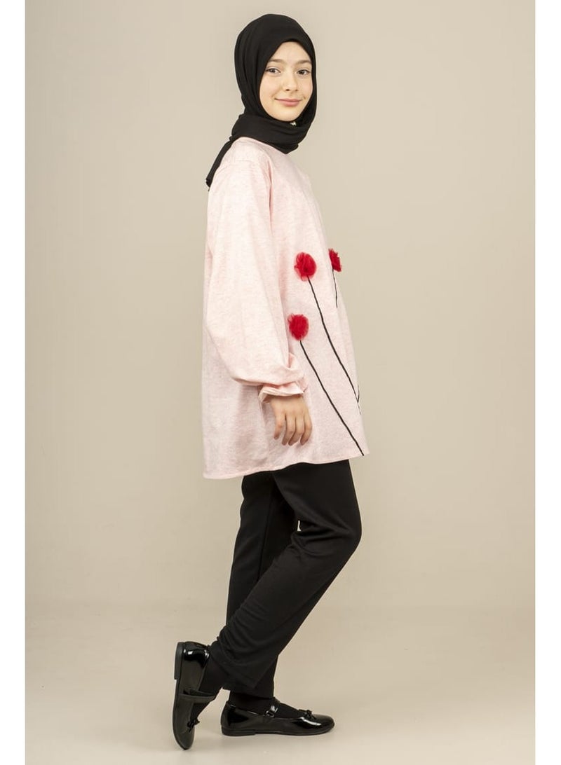 Lamora High quality floral embroidered long sweater Tunic for girls for spring Pink - Image 5