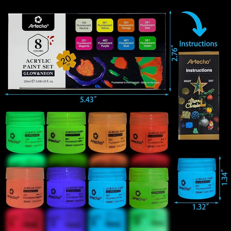 Artecho Glow in the Dark Paint - Set of 8 Colors, 20 ml 0.7 oz Acrylic Paint for Decoration, Art Painting, Outdoor and Indoor Art Craft, Supplies for Canvas, Rock, Wood, Waterproof Rich Pigments - Image 2