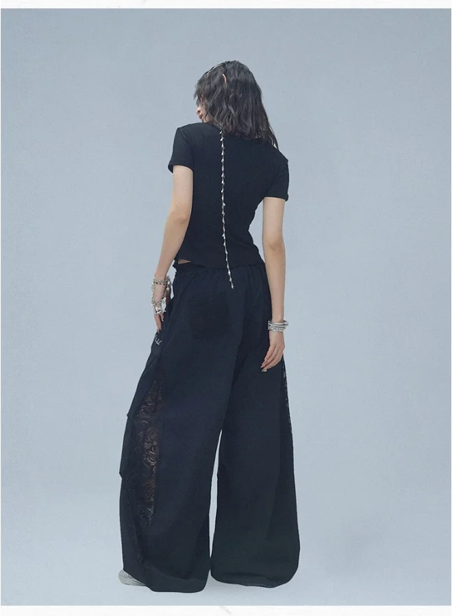Madam Uniq Black Wide - Leg Pants with Drawstring Waist Pants