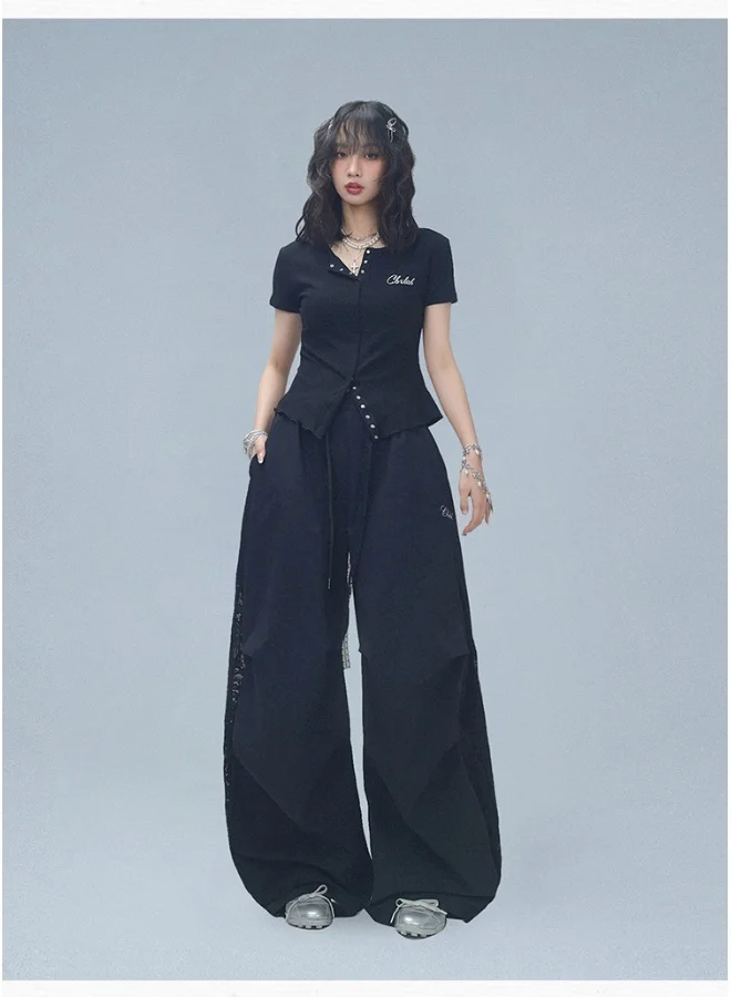Madam Uniq Black Wide - Leg Pants with Drawstring Waist Pants