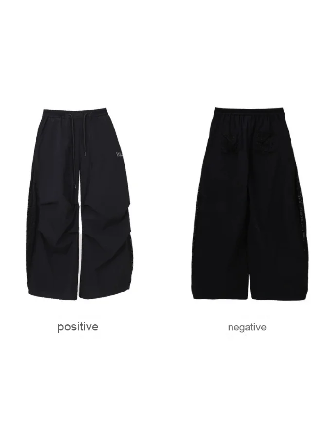 Madam Uniq Black Wide - Leg Pants with Drawstring Waist Pants