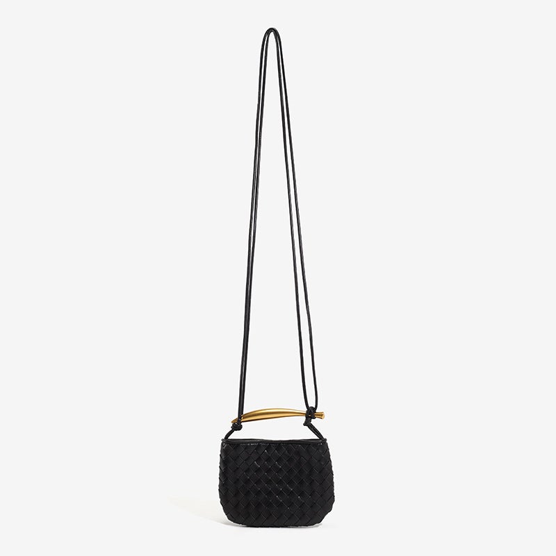 2024 Spring New silver Sardine Bag Soft Leather Woven Small Bag Metal Handlebar Half Shoulder Crossbody Bag Black