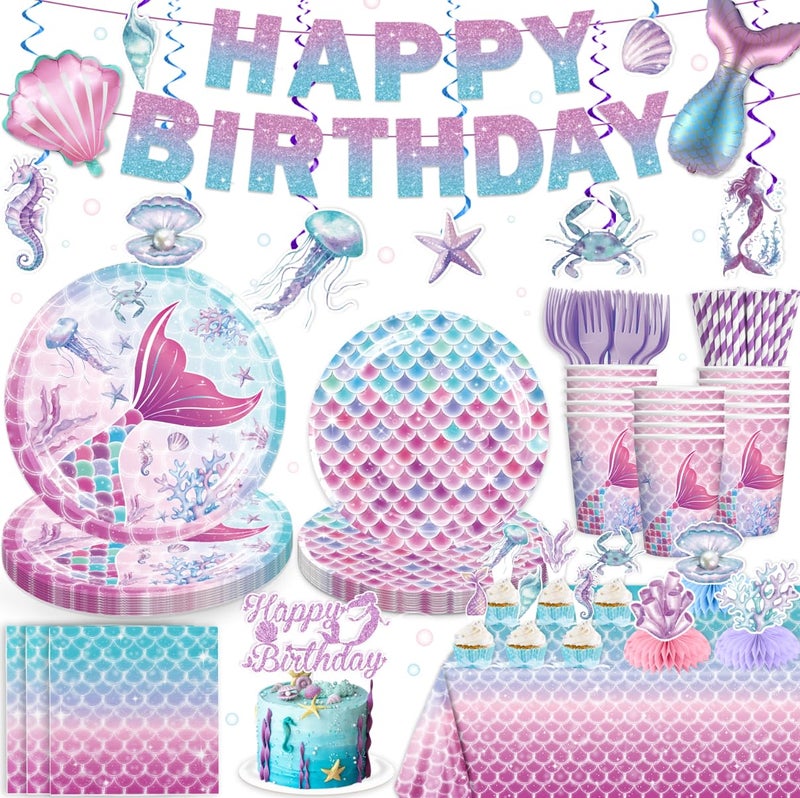 Yingoto 179pcs Mermaid Birthday Decorations Include Mermaid Plates and Napkins Set Banner Hanging Tablecloth Balloon Cupcake Topper Centerpieces for Girls Birthday Ocean Party Supplies Serves 25 - Image 2