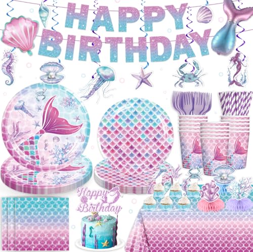 Yingoto 179pcs Mermaid Birthday Decorations Include Mermaid Plates and Napkins Set Banner Hanging Tablecloth Balloon Cupcake Topper Centerpieces for Girls Birthday Ocean Party Supplies Serves 25 - Image 1