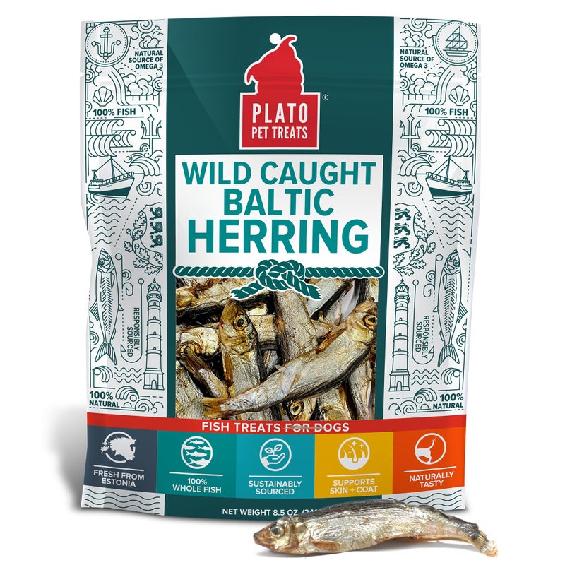 PLATO Pet Treats Fish Dog Treats - Air-Dried, Single Ingredient Dog Treat - with Omega 3 & 6 Fatty Acids to Support Skin and Coat - 100% Whole Fish - Wild Caught Baltic Herring Dog Treats - 8.5 oz - Image 1