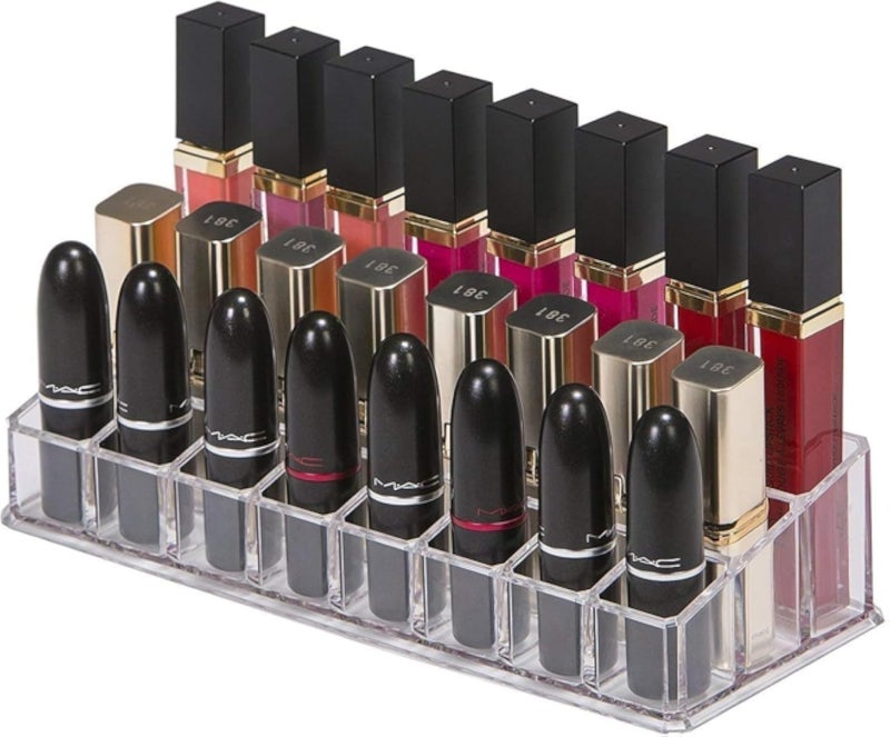 Lipstick Holder - Acrylic Lipstick Organizer 24 Compartment Transparent Holder Stand Tray for Women Lipsticks Pencil Mascara Brush Perfume Storage Cosmetic Display Case(23 x 9 cm)