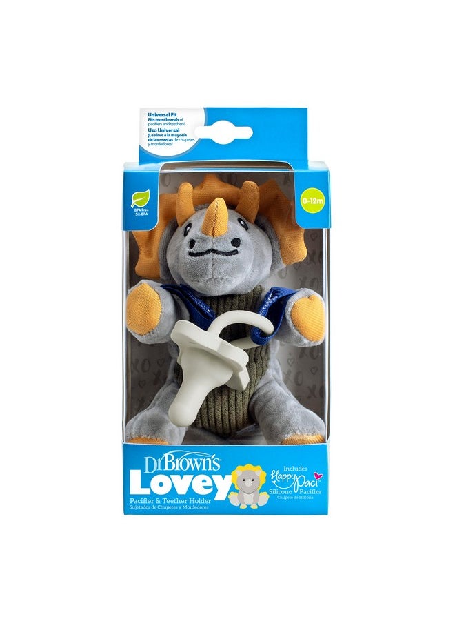 Dr. Brown's Baby Lovey Pacifier And Teether Holder, Triceratops With Gray Happypaci, 100% Silicone, 0-6M  - Image 1
