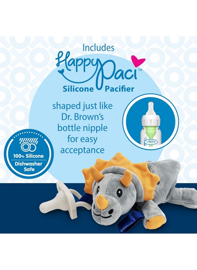 Dr. Brown's Baby Lovey Pacifier And Teether Holder, Triceratops With Gray Happypaci, 100% Silicone, 0-6M  - Image 3