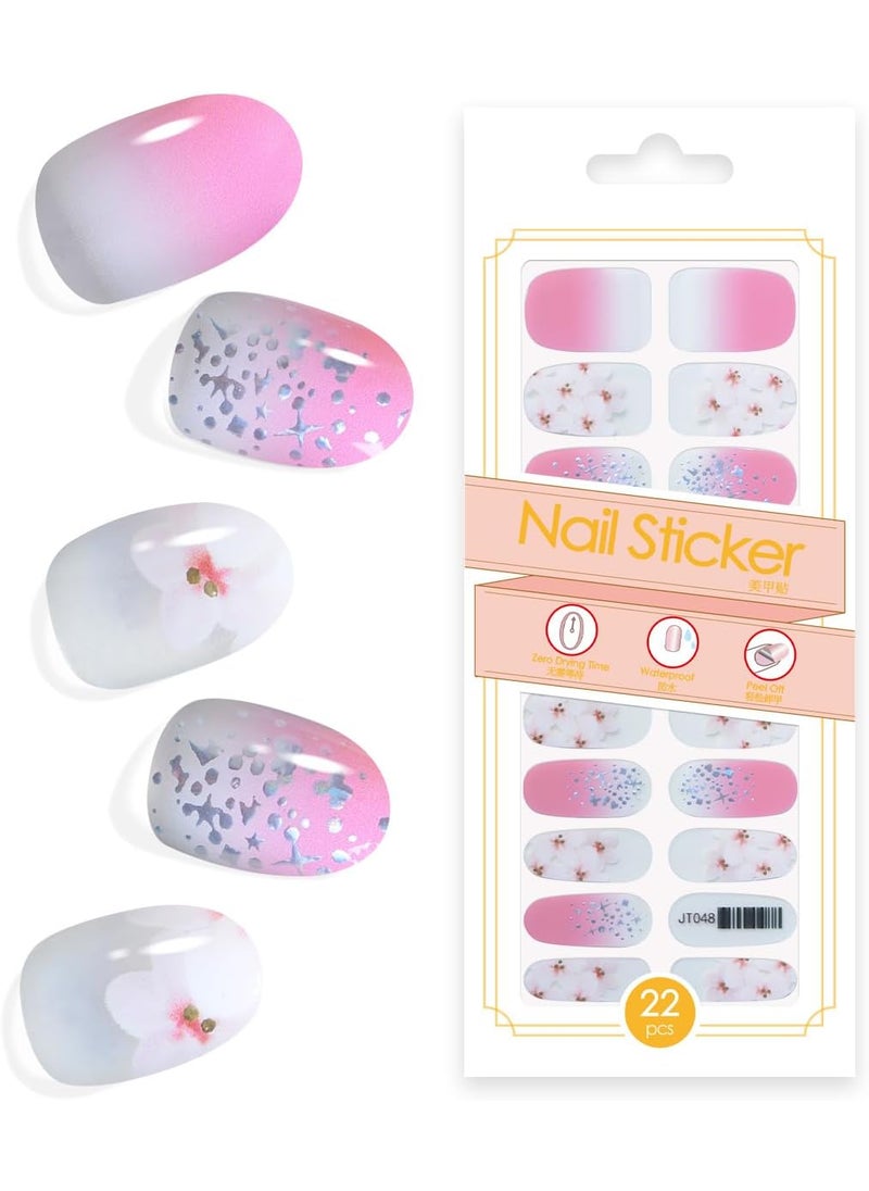 King Horse 22pcs Nail Strips UV Free Nail Stickers Long Lasting Gel Nail Polish Strips Gloss Nail Wraps with 2 Prep Pad, 1 Nail File (Peach Blossoms Sparkling T048) 
