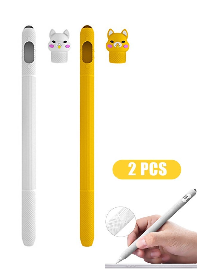 2 Pcs Cartoon Pencil Case for Apple Pencil 1nd Generation, Protective Silicone Cover and Nibs Cover, Soft Sleeve Compatible with Magnetic Charging (Yellow+White)  - Image 1