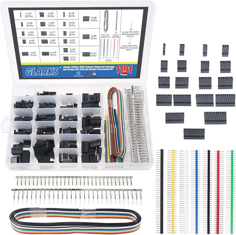 Glarks 1191Pcs 2.54mm Pitch 1 2 3 4 5 6 7 8 9 10 Pin Housing Connector and Male Female Crimp Pins with Pin Header and 10 Wire Rainbow Color Flat Ribbon IDC Cable Compatible with Dupont Connector Kit - Image 1