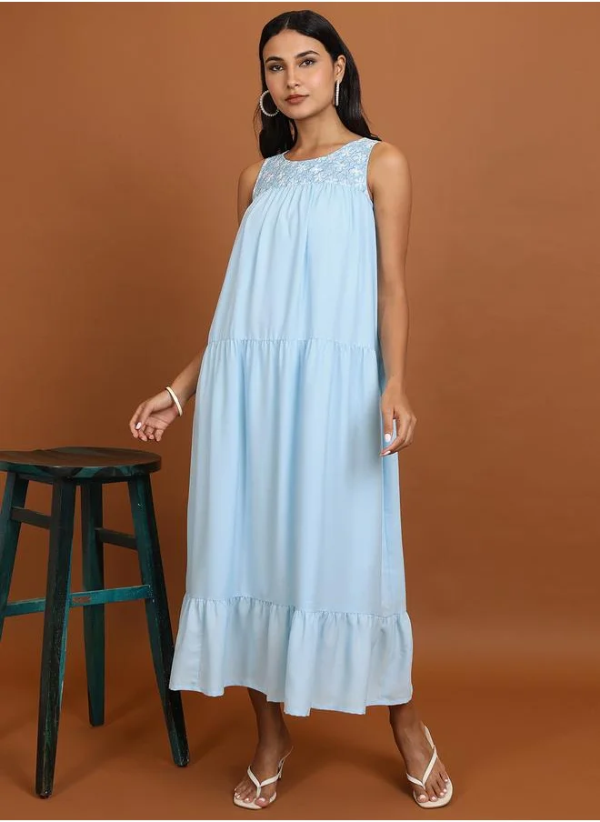 Vishudh Vishudh Women Blue Embroidered Sleeveless A-Line Maxi Dress