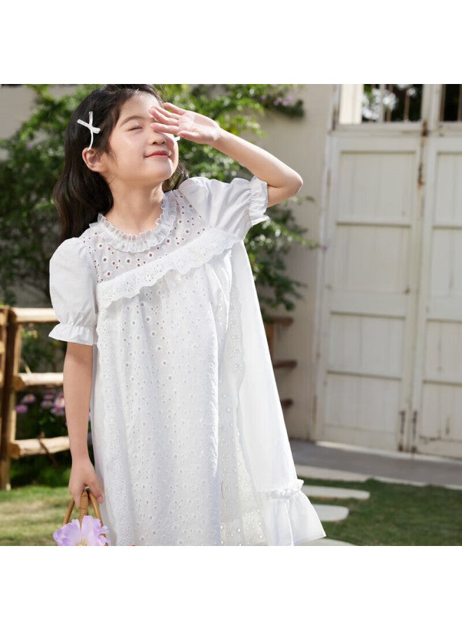 Luson Chen Da Zhu Girls' White Dress, Summer New Style, Puff Sleeves, Sweet Children's Fashionable Dress, Forest-style - Image 3