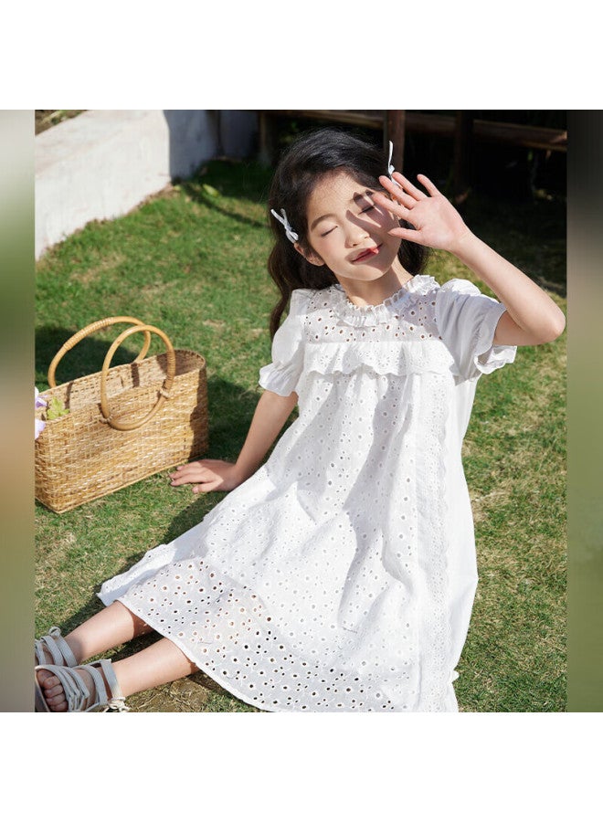 Luson Chen Da Zhu Girls' White Dress, Summer New Style, Puff Sleeves, Sweet Children's Fashionable Dress, Forest-style - Image 1