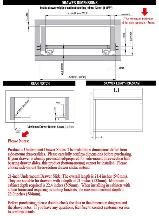 OCG Undermount Drawer Slides 21 inch (1 Pair), Full Extension Soft Close Concealed Drawer Runners, Come W/Mounting Screws and Brackets, 1 Pair - Image 2