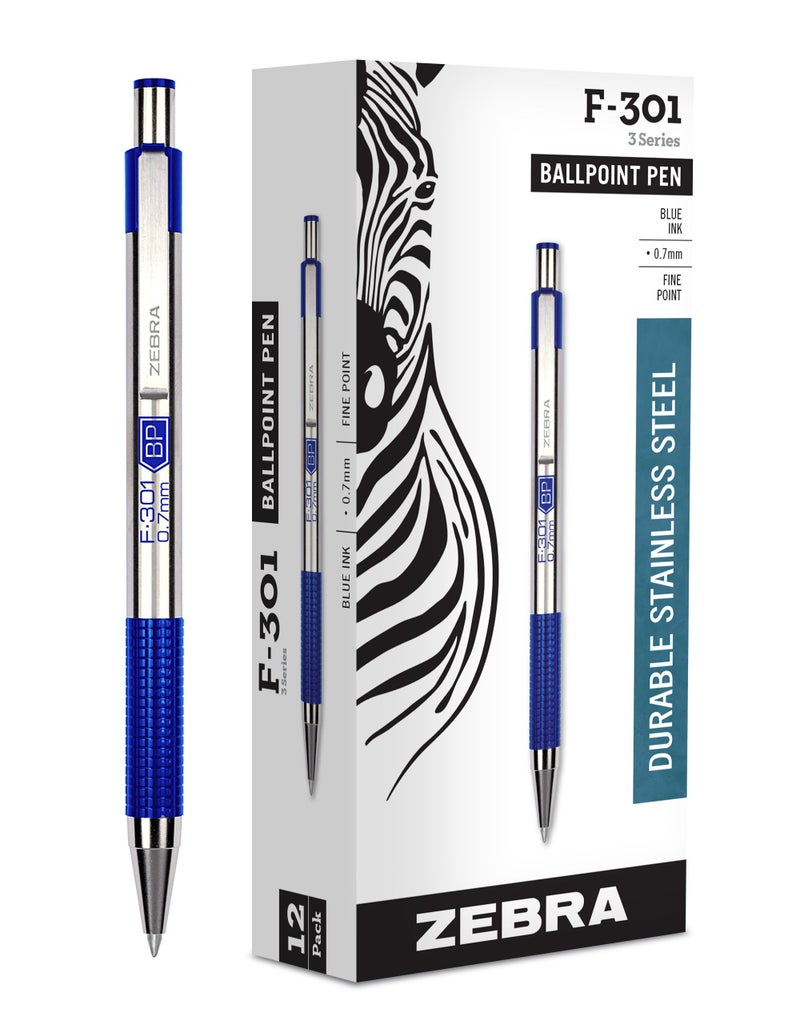 Zebra Pen F-301 Retractable Ballpoint Pen, Stainless Steel Barrel, Fine Point, 0.7mm, Blue Ink, 12-Pack - Image 1