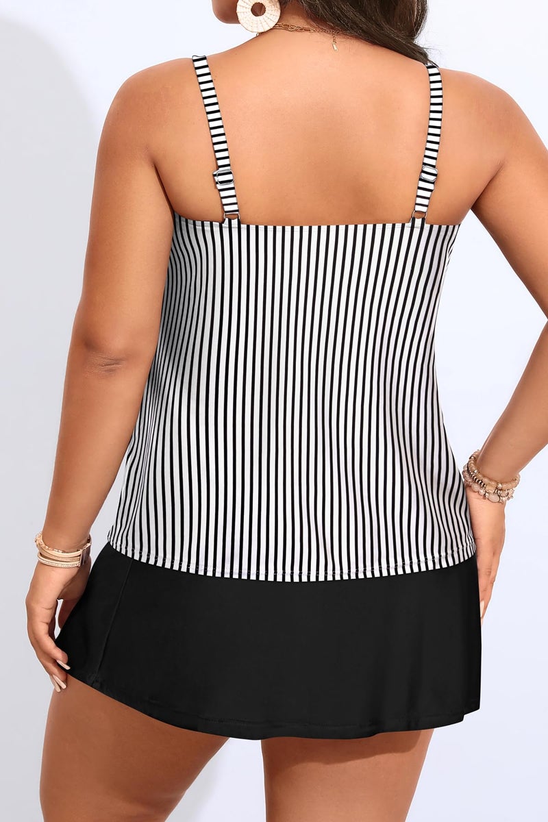 Yonique Women Two Piece Plus Size Tankini with Skirt Tummy Control Bathing Suits High Neck Swimsuits Stripe and Black 18Plus - Image 2