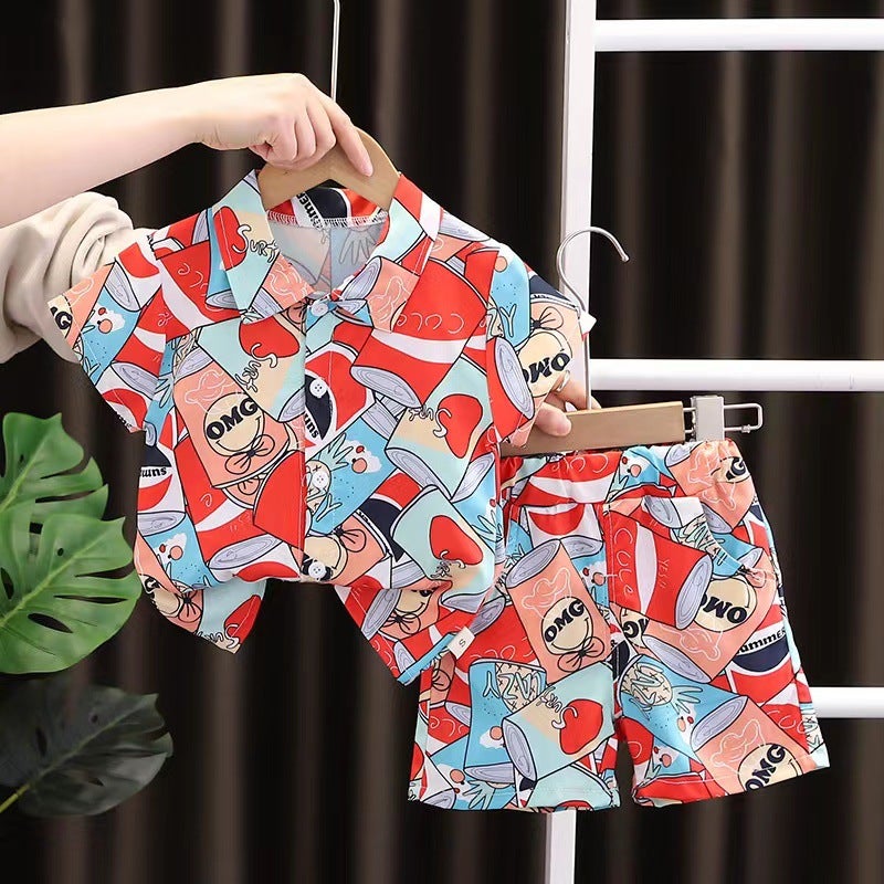 Children'S Clothing Boys' Summer Short-Sleeved Shirt Suit Beach Fashion Children'S Baby Summer Two-Piece Set Trendy Style - Image 5