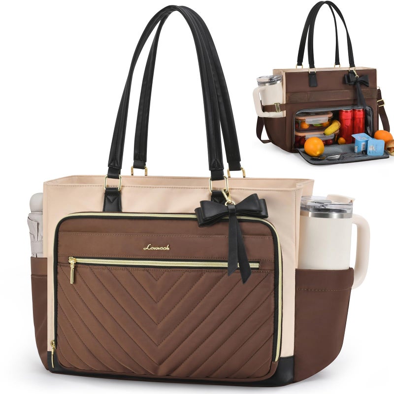 LOVEVOOK Lunch Tote Bag for Women, Insulated Lunch Bag with Laptop Compartment, Large Capacity Teacher Nurse Bag for Work Daily with Large Cup Holder Water Resistant, Coffee-Apricot-Black, 17.3 Inch - Image 1
