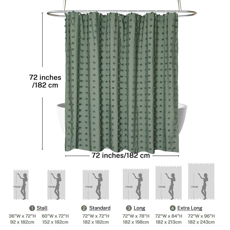 Siiluminisoy Green Boho Shower Curtain Woven Fabric Cute Shower Curtain, 72 x 72 Tufted Pleat Floral Puffs Textured Modern Farmhouse Minimalist Shower Curtain Set with Hooks for Bathroom - Image 5