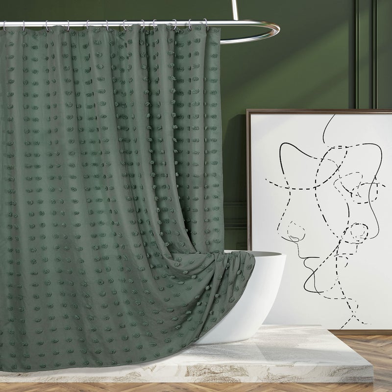 Siiluminisoy Green Boho Shower Curtain Woven Fabric Cute Shower Curtain, 72 x 72 Tufted Pleat Floral Puffs Textured Modern Farmhouse Minimalist Shower Curtain Set with Hooks for Bathroom - Image 1