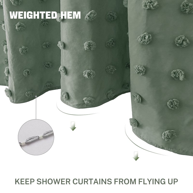 Siiluminisoy Green Boho Shower Curtain Woven Fabric Cute Shower Curtain, 72 x 72 Tufted Pleat Floral Puffs Textured Modern Farmhouse Minimalist Shower Curtain Set with Hooks for Bathroom - Image 3