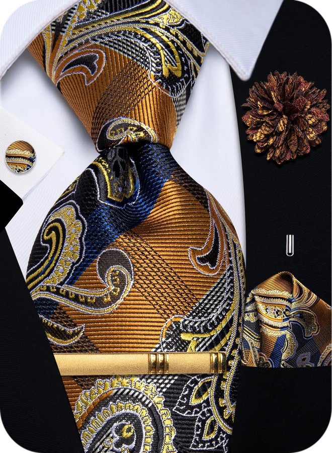 YourTies Gold Ties and Pocket Square Set for Men Silk Paisley Necktie with Lapel Pin Casual Wedding Party - Image 1