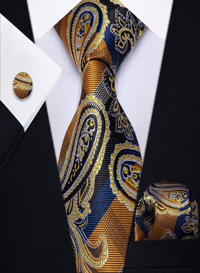 YourTies Gold Ties and Pocket Square Set for Men Silk Paisley Necktie with Lapel Pin Casual Wedding Party - Image 2