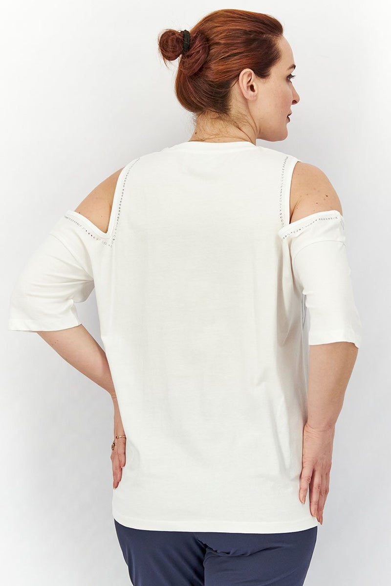 JOHN RICHMOND Women Sportswear Fit Printed Cold Shoulder Top, White - Image 4