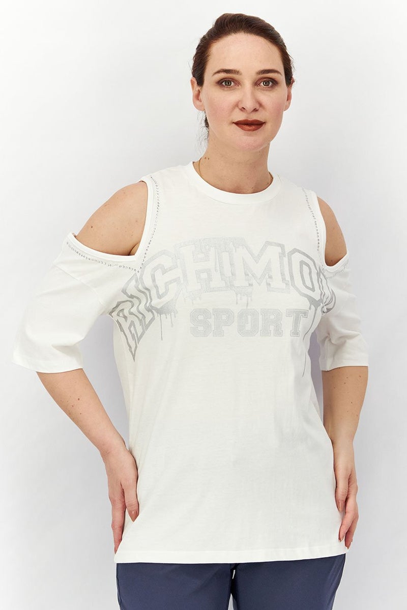 JOHN RICHMOND Women Sportswear Fit Printed Cold Shoulder Top, White - Image 1