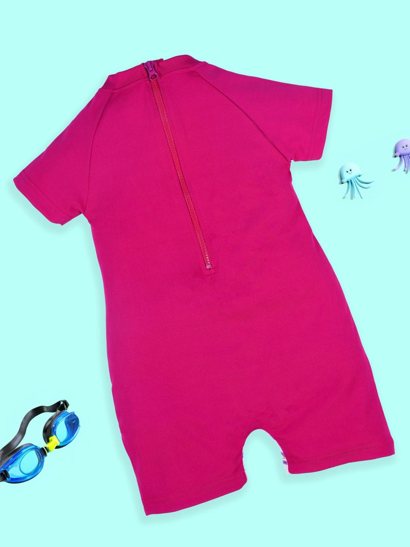 KiddoPanti Girls Printed Round Neck Half Sleeve Swimwear Bodysuit Swimsuit, Hot Pink - 2-3Y - Image 4