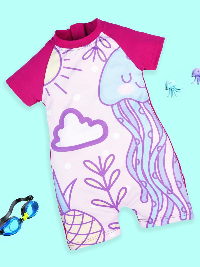 KiddoPanti Girls Printed Round Neck Half Sleeve Swimwear Bodysuit Swimsuit, Hot Pink - 2-3Y - Image 3