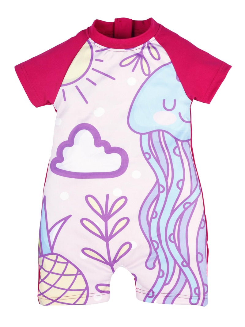KiddoPanti Girls Printed Round Neck Half Sleeve Swimwear Bodysuit Swimsuit, Hot Pink - 2-3Y - Image 1