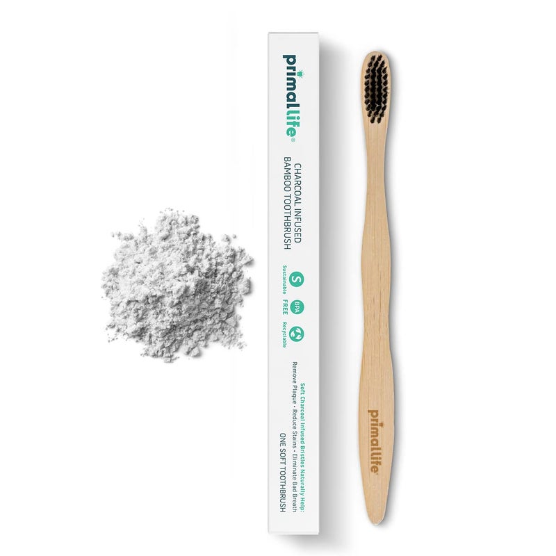 Primal Life Organics  Charcoal Toothbrush Made with Charcoal  Bamboo Biodegradable BPAFree Perfect for Kids  Adults Recyclable Gently Massages Gums  Teeth Zero Waste Toothbrush 1Pack