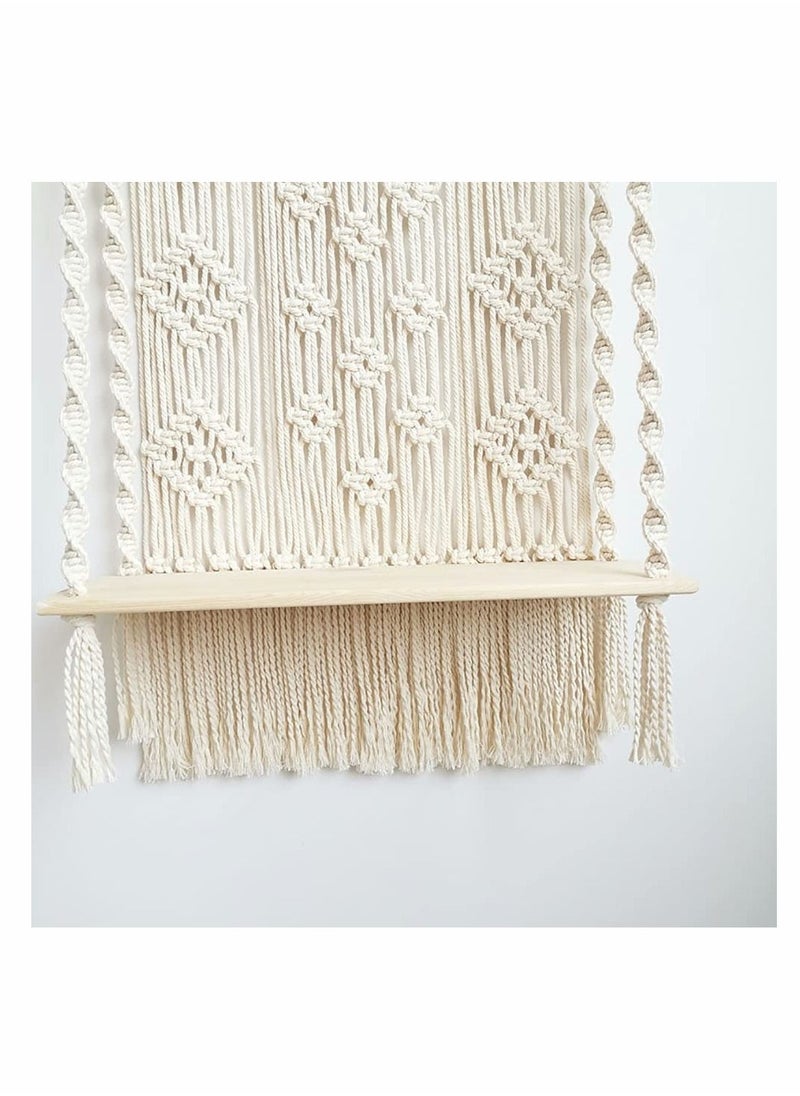Macrame Wall Hanging Shelf, Wall Hanging Shelf Woven Home Organizer Decor, White Handmade Wood Boho Rope Plant Pot Basket Hanger Holder, Cotton Rope Plant Hanger for Home Wall Decor - Image 3