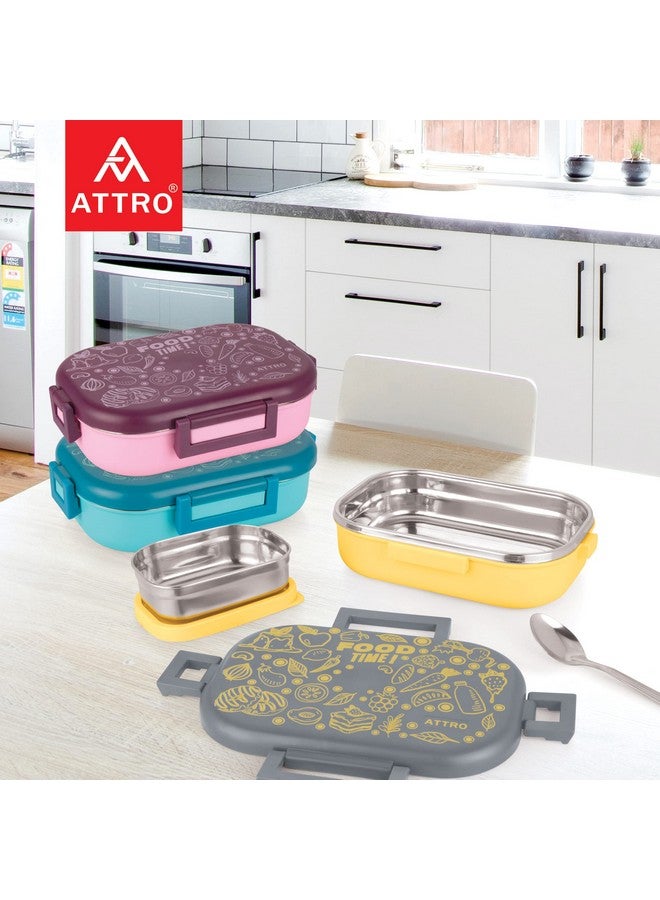 Attro Food Time Stainless Steel Lunch Box, Airtight & Leak Proof - 2 Containers with Spoon (Big 750 Ml & Small 250 Ml) for Office Use, School, Picnic - Grey & Yellow - Image 3